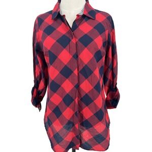 NEW Crown & Ivy Women's MEDIUM Red Navy Buffalo Plaid Essential Shirt